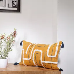 BLANC9 Mustard & White Set of Single Self Design Rectangle Cushion Covers-18