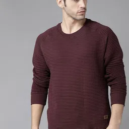 Roadster Men Maroon Self-Striped Sweatshirt-image-29