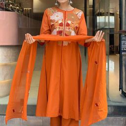 Navlik Floral Embroidered Round Neck Chanderi Cotton A-Line Kurta With Trousers & Dupatta-image-28