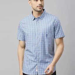 Thomas Scott Blue Cotton Slim Fit Checks Shirt-image-5