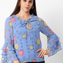 Globus Women Blue Floral Print Tie-Up Neck Ruffles Top-image-30
