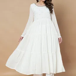 Poshak Hub Floral Embroidered Beads And Stones Georgette Tiered Anarkali Kurta-image-34
