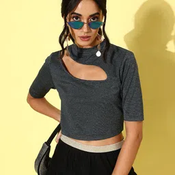 Style Quotient Women Charcoal Grey Solid Cut-Out Detail Crop Top-image-12