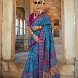 Elora Royal Blue Blended Ajrakh Saree With Unstitched Blouse-picture-6