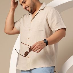 Sztori Plus Size Cuban Collar Linen Relaxed Fit Shirt-image-55