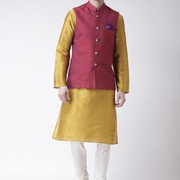 KISAH Men Yellow & White Kurta with Churidar & Maroon Self Design Nehru Jacket-9