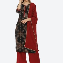 Kurti's by Menka Women Black & Red Printed Kurta with Palazzos & Dupatta-picture-19
