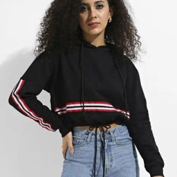 Campus Sutra Black Cotton Striped Hoodie-image-87