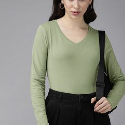 The Roadster Lifestyle Co Women Sea Green V-Neck Pure Cotton T-shirt-14