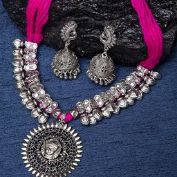 Shining Diva Oxidized Silver-Plated Pink Jewellery Set-47