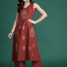 Indo Era Ethnic Motifs Embroidered Pure Cotton Kurta with Palazzos-image-96