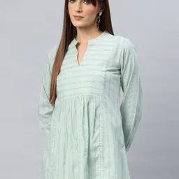 Cottinfab Striped Mandarin Collar Cotton Top-image-99
