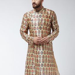 SOJANYA Men Beige & Orange Printed Straight Kurta-16