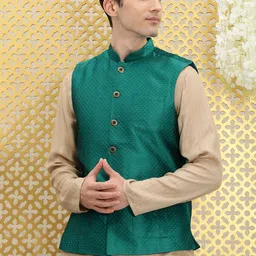 Ode by House of Pataudi Men Teal Green Woven Design Nehru Jacket-17