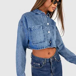 Boohoo Women Solid Cropped Denim Jacket-image-38