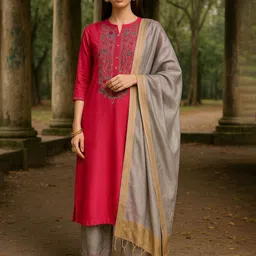 Tulsattva Floral Embroidered Notch Neck Straight Kurta With Palazzos & Dupatta image 4