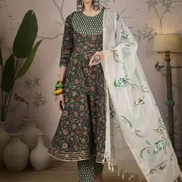Sangria Floral Printed Mirror Work Anarkali Kurta With Trouser And Dupatta-picture-5