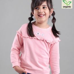 Babyoye Full Sleeves Cotton Brushed Fleece Sweatshirt Floral Embroidery - Pink-image-97