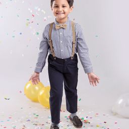 Babyhug Full Sleeves Cotton Woven to Woven Checkered Shirt & Trouser With Suspender - Blue-image-29