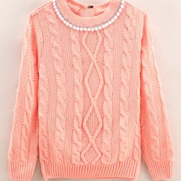 Yellow Apple Full Sleeves Cable Knit Sweater With Lace & Pearls Detailing- Peach-image-87