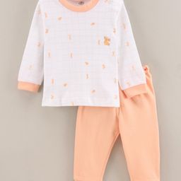 Zero Interlock Full Sleeves Top And Lounge Pants Set Rabbit Print - Orange White-5