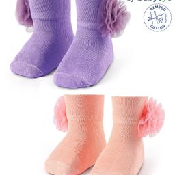 Babyoye 100% Cotton Eco Conscious Regular Length Solid Socks With Floral Applique Pack of 2 - Purple & Peach-image-55