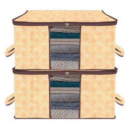 Kuber Industries Underbed Storage BagNon-Woven Floral Print Blanket CoverRazai CoverDuvet Cover Transparent Window & HandleLargePack of 2,Brown,-image-65