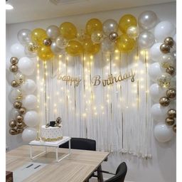 Surprise Decor 71 pc White gold Party Supplies Birthday Decorations for Girls Boys, Balloons, Net Backdrop, Led light for Party Decoration (White Gold) Size - 10ft X 5ft-13