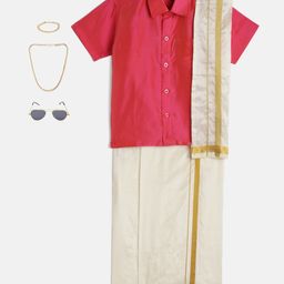 THANGAMAGAN Viscose Half Sleeves Solid Shirt With Mundu & Angavastram With Freebies Set - Pink-image-95