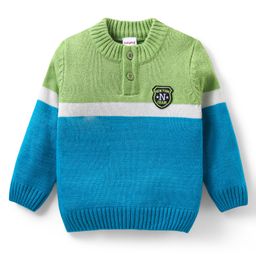 Babyhug Knitted Full Sleeves Pullover Colour Block Design Henley Sweater- Mint-image-59