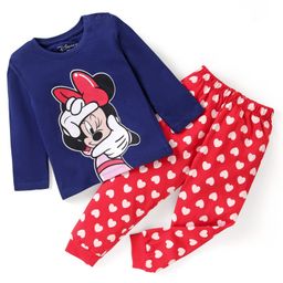 Babyhug Disney 100% Cotton Knit Full Sleeves Night Suit Minnie Mouse Graphics - Blue & Red-image-50