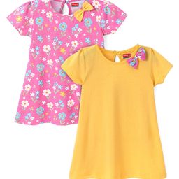 Babyhug Single Jersey Knit Half Sleeves Frocks With Bow Applique & Floral Print Pack Of 2 - Pink & Yellow-image-69