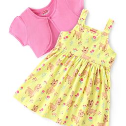 Babyhug Single Jersey Knit Floral Print Frock with Half Sleeves Shrug - Yellow & Pink-image-129