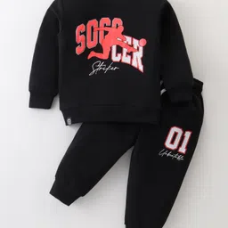 Smarty Boys Cotton Lycra Knit Full Sleeves T-Shirt & Lounge Pants Set With Soccer Print - Black-picture-6