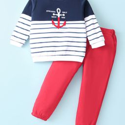 ToffyHouse 100% Cotton Knit Full Sleeves Striped T-Shirt & Lounge Pants Set With Nautical Theme Print - Navy White & Red-image-64