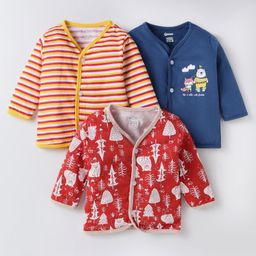 OHMS Single Jersey Knit Full Sleeves Fornt Open Striped & Animal Print Vests Pack of 3 - Red & Navy Blue-image-34