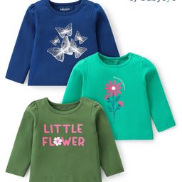 Babyoye Eco Conscious 100% Cotton Knit Full Sleeves Tops With Butterfly Floral & Text Print Pack of 3 - Navy Blue Dark Green & Sea Green-image-87