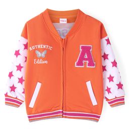 Babyhug Cotton Knit Full Sleeves Drop Shoulder Bomber Jacket with Star Print & Embroidery - White & Orange-image-43