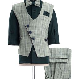 Rikidoos Cotton Full Sleeves Solid Shirt With Checked Waistcoat Pant & Bow Set - Pista Green-image-66