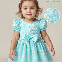 Babyoye Woven Half Puffed Sleeves Floral & SequinEmbroidered Party Frock with Bow Applique - Light Blue-image-12