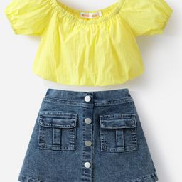 Kookie Kids Half Sleeves Solid Colour Top & Denim Skirt Set - Yellow & Blue-image-40