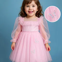 Babyhug Woven Full Puffed Sleeves Party Dress With Butterfly Applique & Pearl Detailing - Baby Pink-picture-40