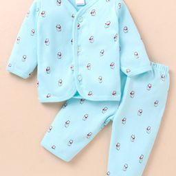Tango Interlock Knit Full Sleeves Front Open Night Suit with Bear Print - Aqua Blue-picture-24