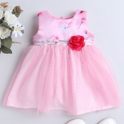 Many frocks & Sleeveless Lace & Foil Dots Embellished Rose Applique Detailed Party Wear Dress - Pink-image-37