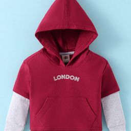 Zero Cotton Knit Full Doctor Sleeves Hooded Sweatshirt with Text Embroidery & Kangaroo Pockets - Dark Red-image-96