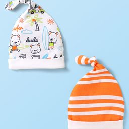 Babyhug 100% Cotton Knit Striped & Animal Printed Caps With Knot Design Pack of 2 - Orange & White-image-15