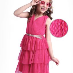 Hola Bonita Mesh Knit Sleeveless Pleated Glittered Front Overlapping Party Dress with Ruffle- Fuchsia-image-32