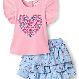 Babyhug Single Jersey Knit Half Flutter Sleeves Top & Layered Skirt Set with Floral & Hearts Puff Print - Pink & Light Blue-image-33