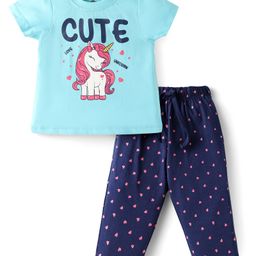 Doodle Poodle 100% Cotton Knit Half Sleeves Night Suit With Unicorn & Heart Print - Light & Navy Blue-image-60