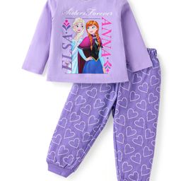 Babyhug Disney Single Jersey Knit Full Sleeves Night Suit With Frozen Elsa & Anna Graphic - Purple-image-95